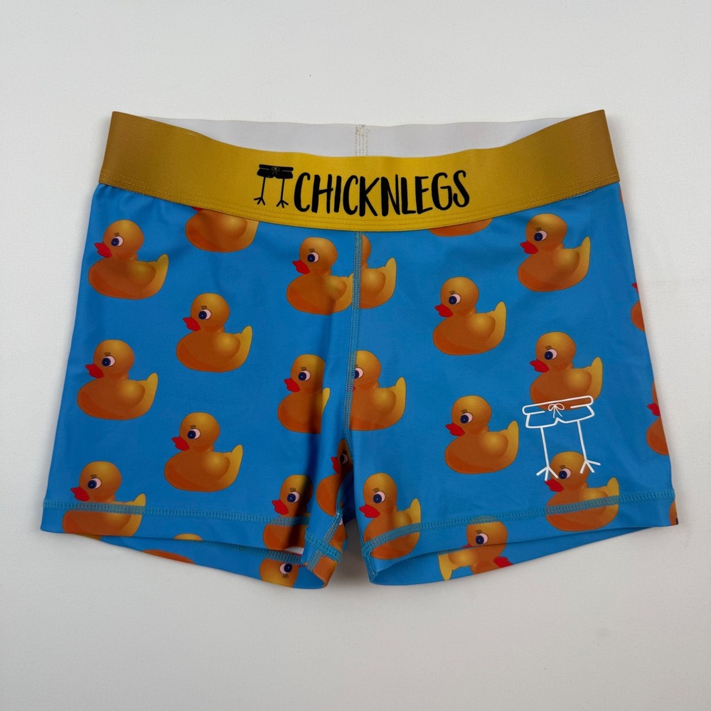 ChicknLegs Women Blue Rubber Ducky Print Compression Running Shorts Gold Band